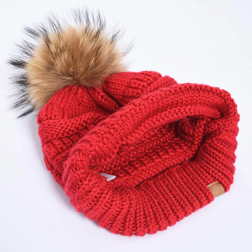 Women Winter Knitted Beanie Hat Warm Ski Caps with Raccoon Fur Pompom Red