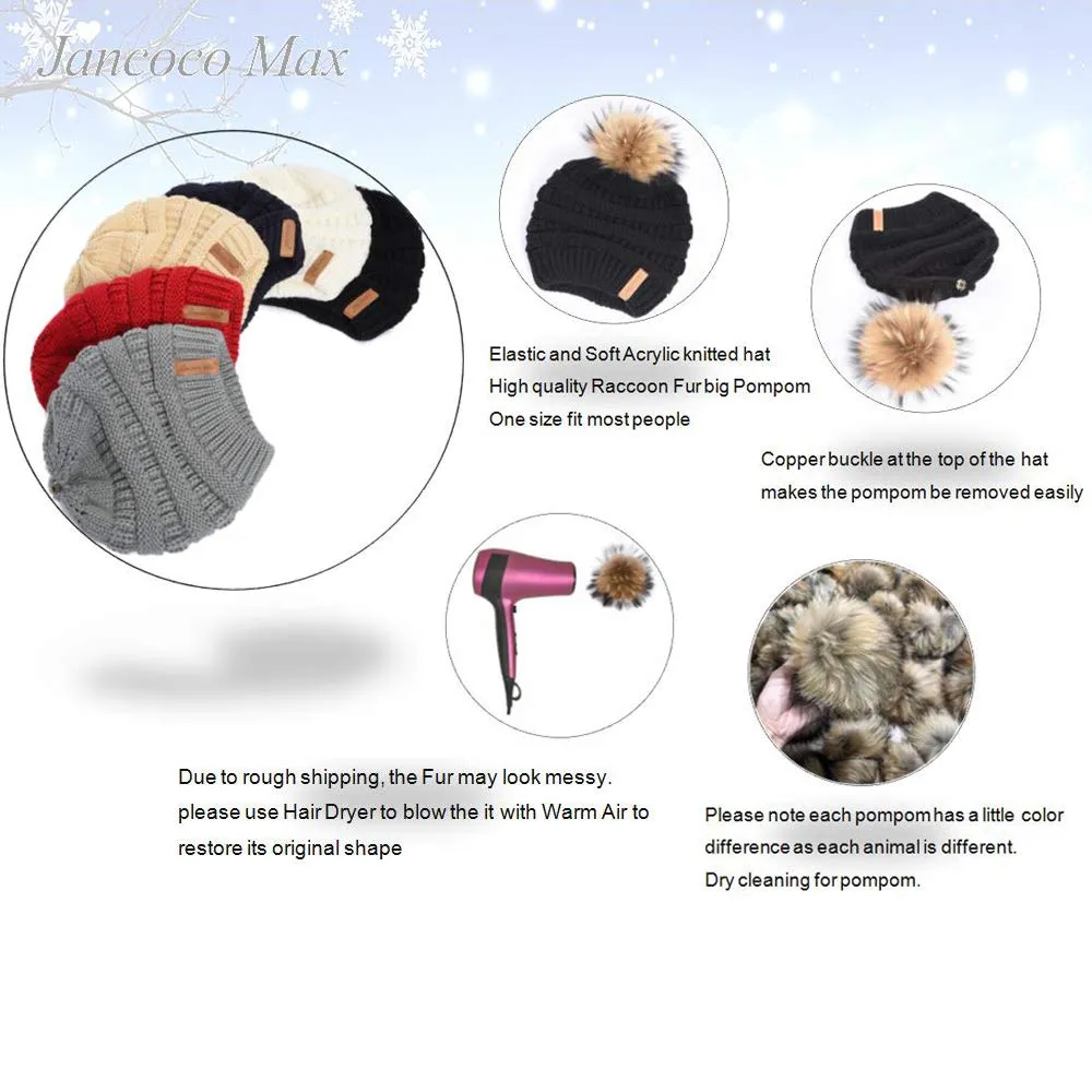 Women Winter Knitted Beanie Hat Warm Ski Caps with Raccoon Fur Pompom Red