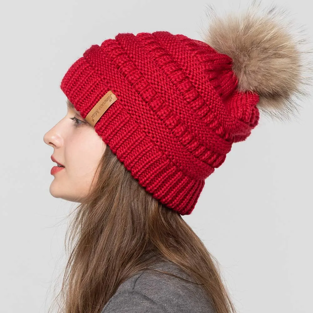Women Winter Knitted Beanie Hat Warm Ski Caps with Raccoon Fur Pompom Red