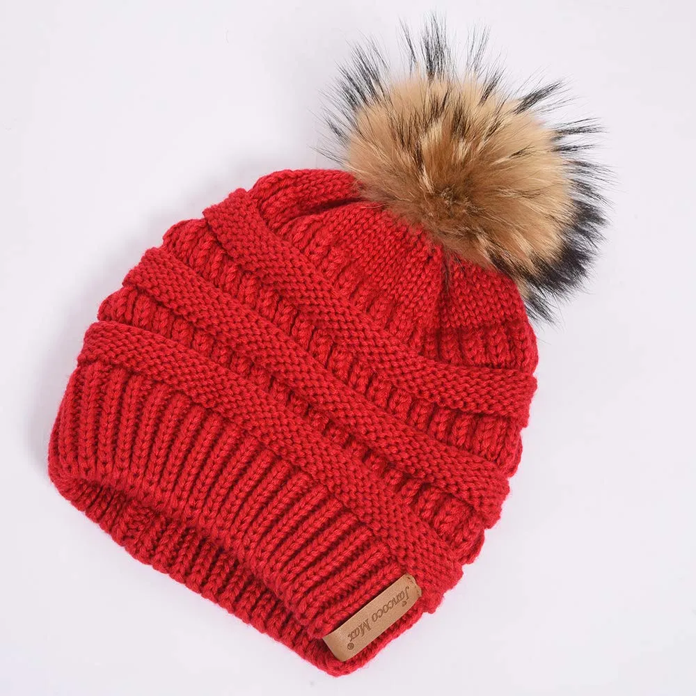 Women Winter Knitted Beanie Hat Warm Ski Caps with Raccoon Fur Pompom Red