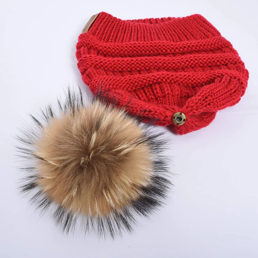 Women Winter Knitted Beanie Hat Warm Ski Caps with Raccoon Fur Pompom Red