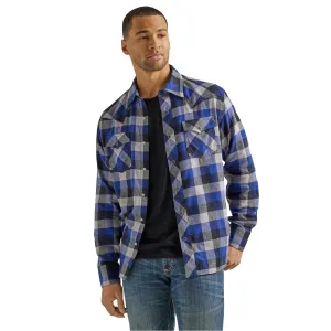 Wrangler Retro Blue/Black/White Plaid Flannel Snap Western Shirt for Men