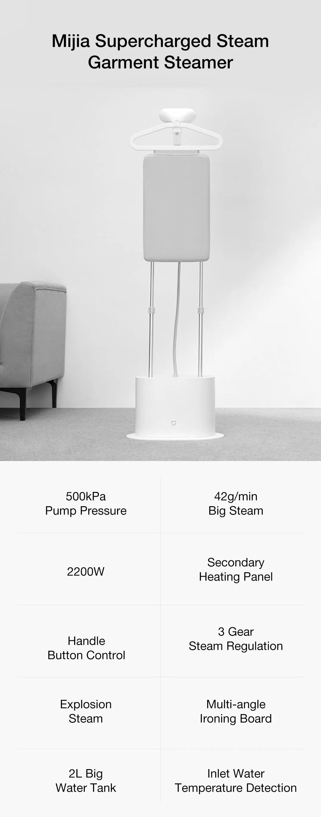 Xiaomi Mijia Garment Steamer with Ironing Board 2200W Fast Heat-up Fabric Wrinkle Removal 2L