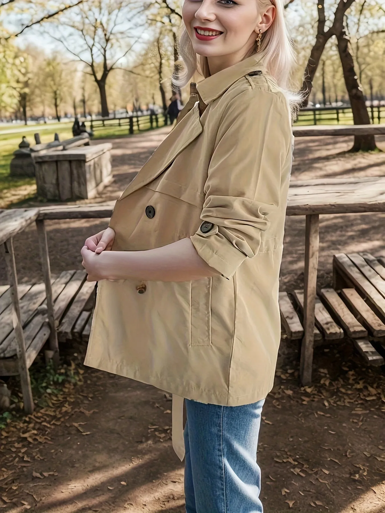 xieyinshe Double Breasted Solid Trench Coat, Casual Open Front Long Sleeve Outerwear, Women's Clothing