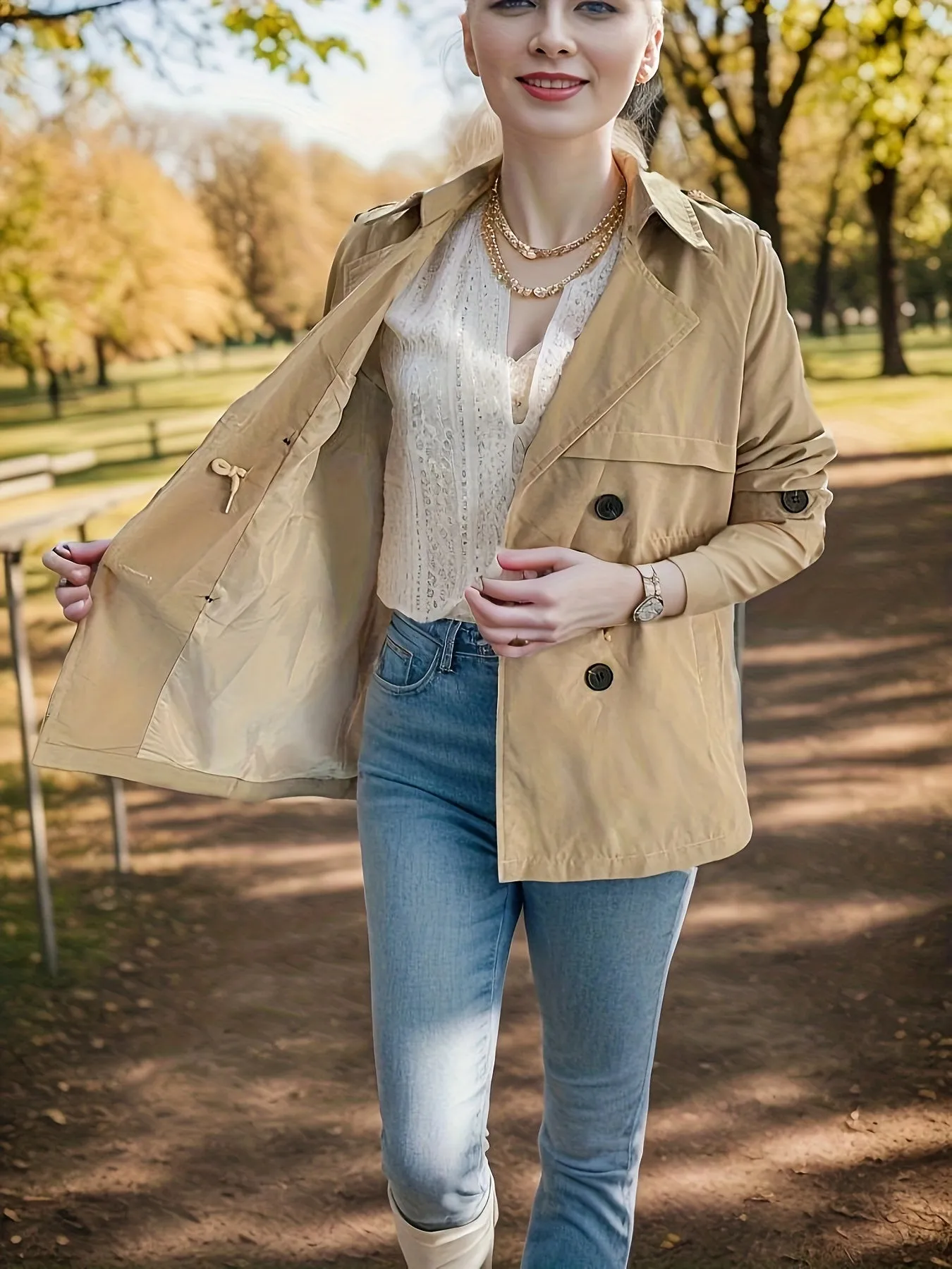 xieyinshe Double Breasted Solid Trench Coat, Casual Open Front Long Sleeve Outerwear, Women's Clothing