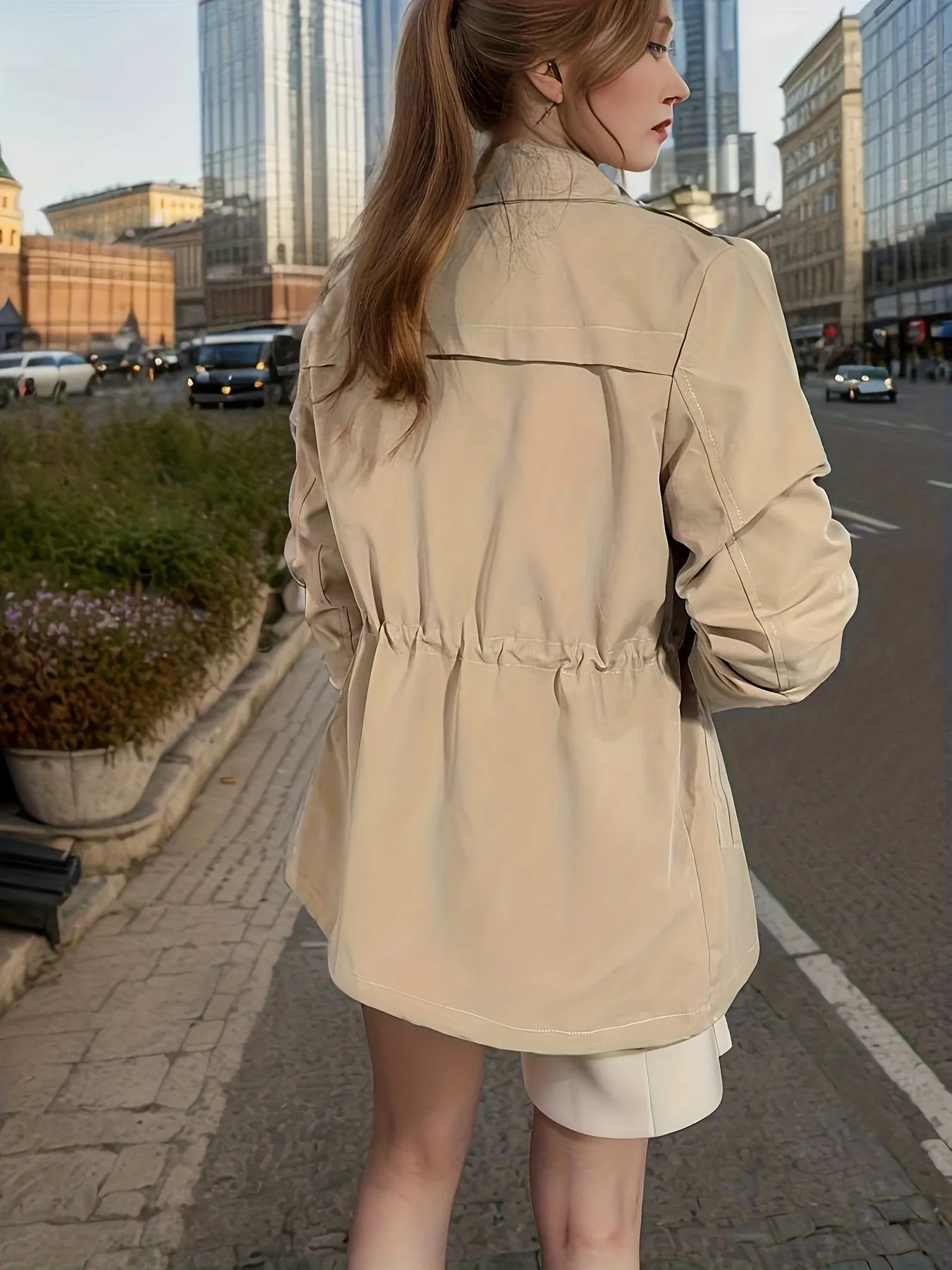 xieyinshe Double Breasted Solid Trench Coat, Casual Open Front Long Sleeve Outerwear, Women's Clothing